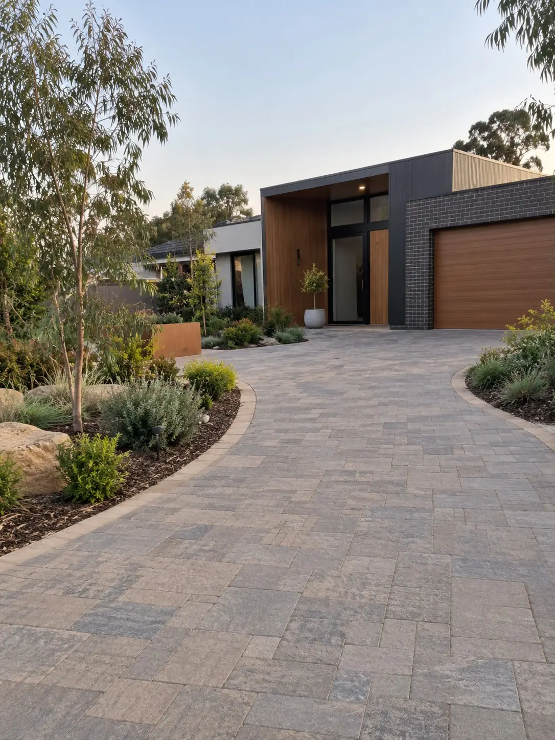 Sweeping paver driveway lined with native plantings at a Darwin home