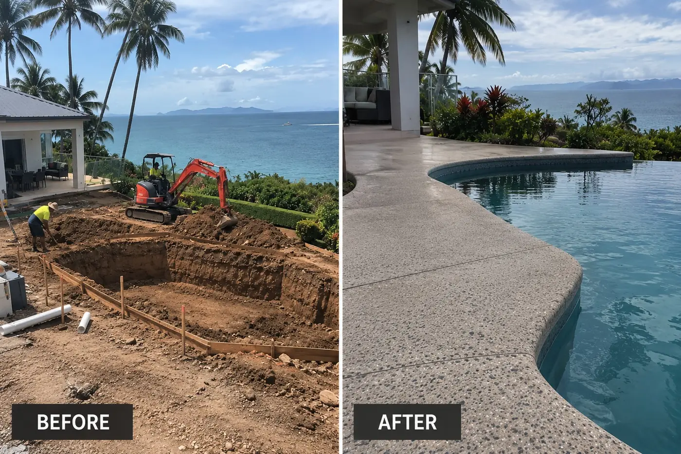 Before and after of a Darwin ocean-view pool: an excavator digging the shell, then the finished infinity pool with exposed aggregate surrounds
